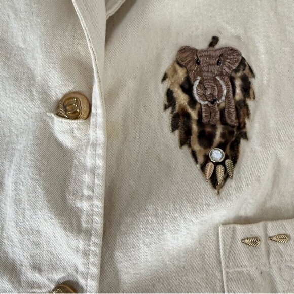 Red Coral Jacket Beige Embroidered Safari Animals Leopard Print Utility M - Picture 7 of 13